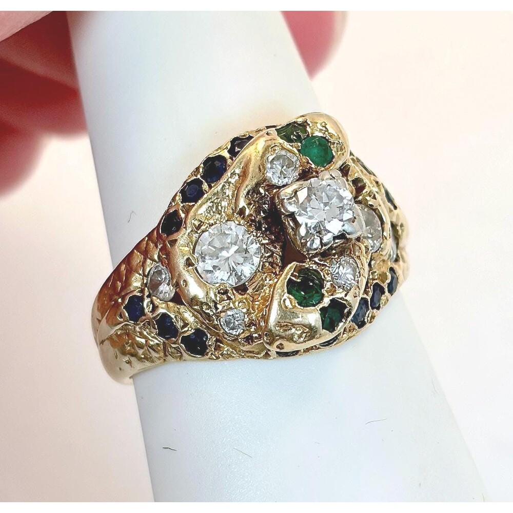 Vintage Snake Ring, Yellow Gold, Diamonds, Emerald, Sapphire, Unique, Custom